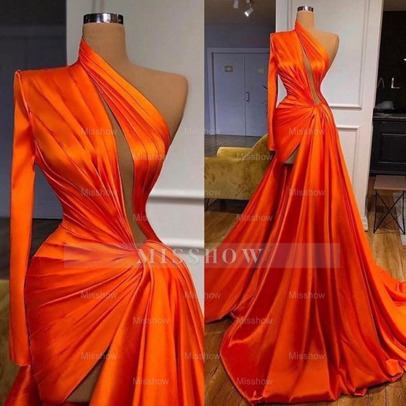 Elegant One Shoulder Long Sleeves Split Front Prom Evening Dresses