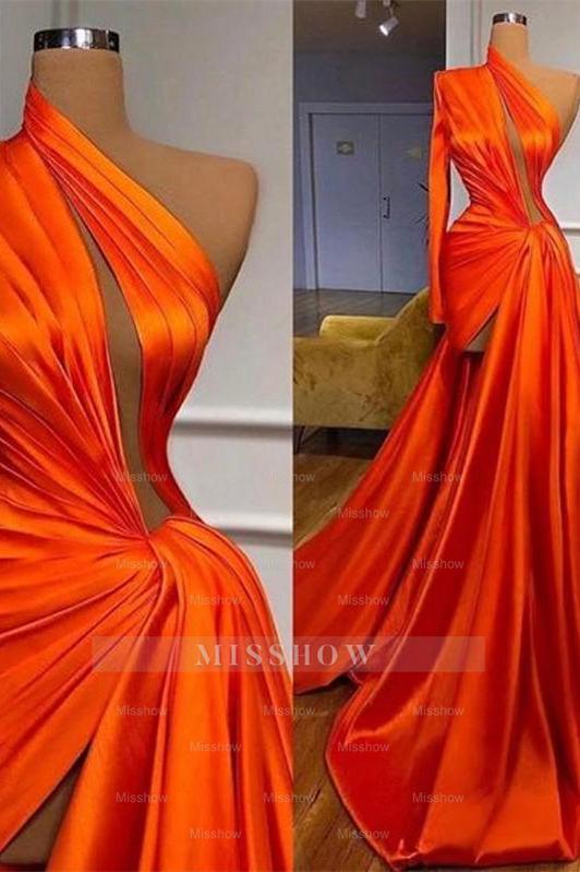 Elegant One Shoulder Long Sleeves Split Front Prom Evening Dresses