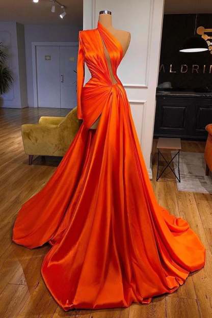 Elegant One Shoulder Long Sleeves Split Front Prom Evening Dresses