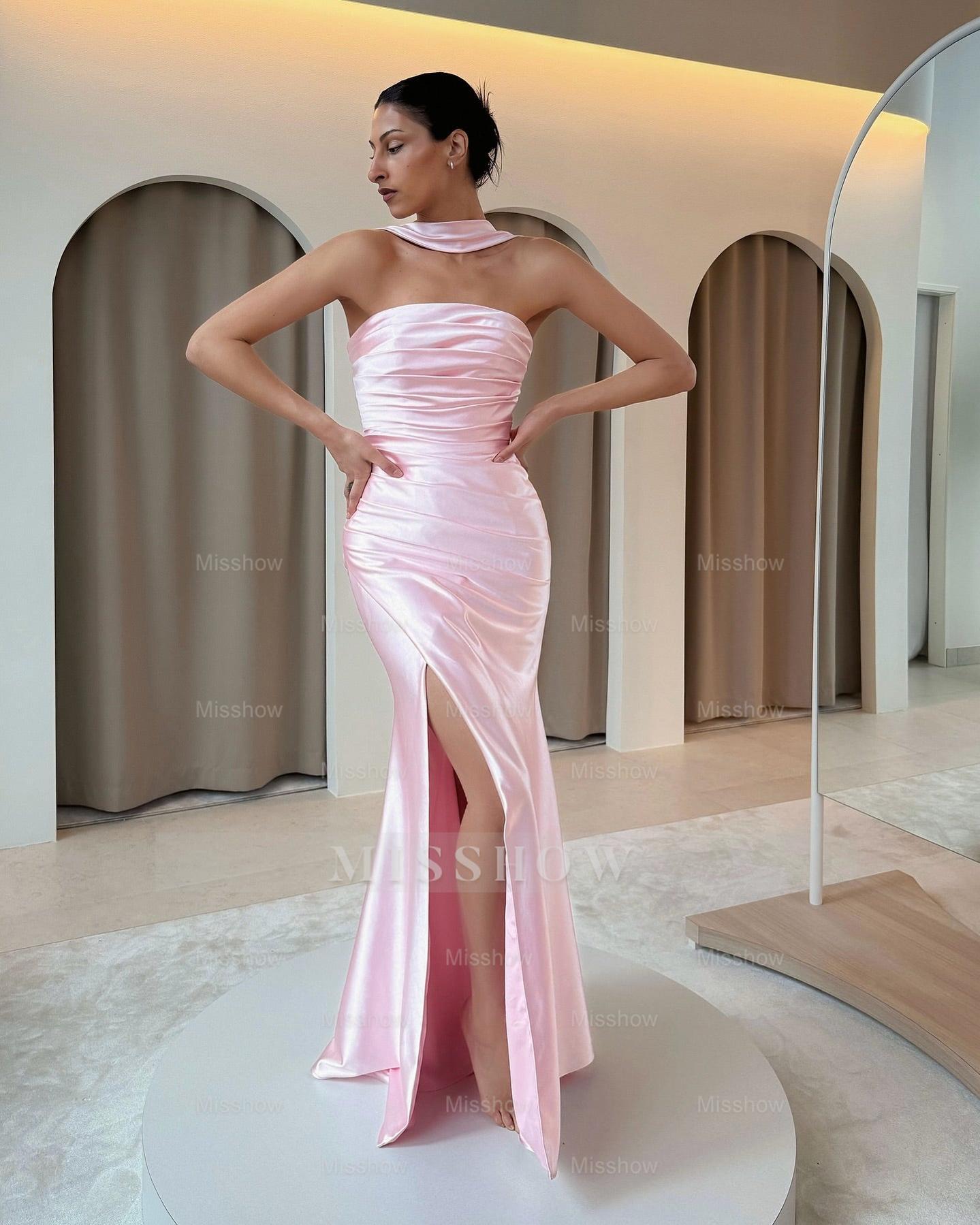 Elegant Pink Strapless Sleeveless Mermaid Evening Dress with Front Split