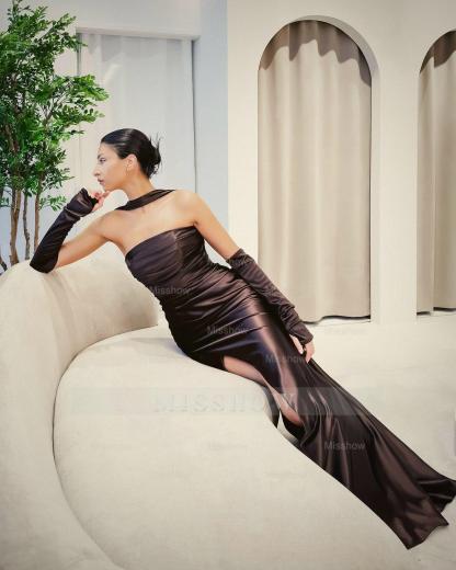 Elegant Pink Strapless Sleeveless Mermaid Evening Dress with Front Split