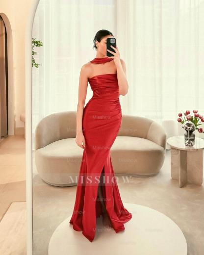 Elegant Pink Strapless Sleeveless Mermaid Evening Dress with Front Split