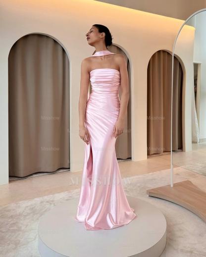 Elegant Pink Strapless Sleeveless Mermaid Evening Dress with Front Split