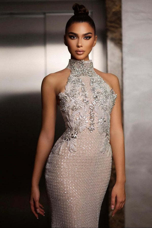 Elegant Silver High-Neck Sleeveless Column Formal Dress with Rhinestones