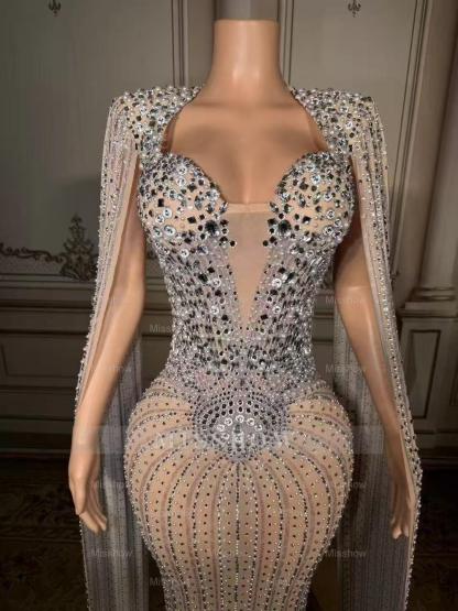 Elegant Silver V-Neck Column Beaded Cap Sleeveless Floor-Length Slit Tulle Prom Dresses With Pearls And Rhinestones