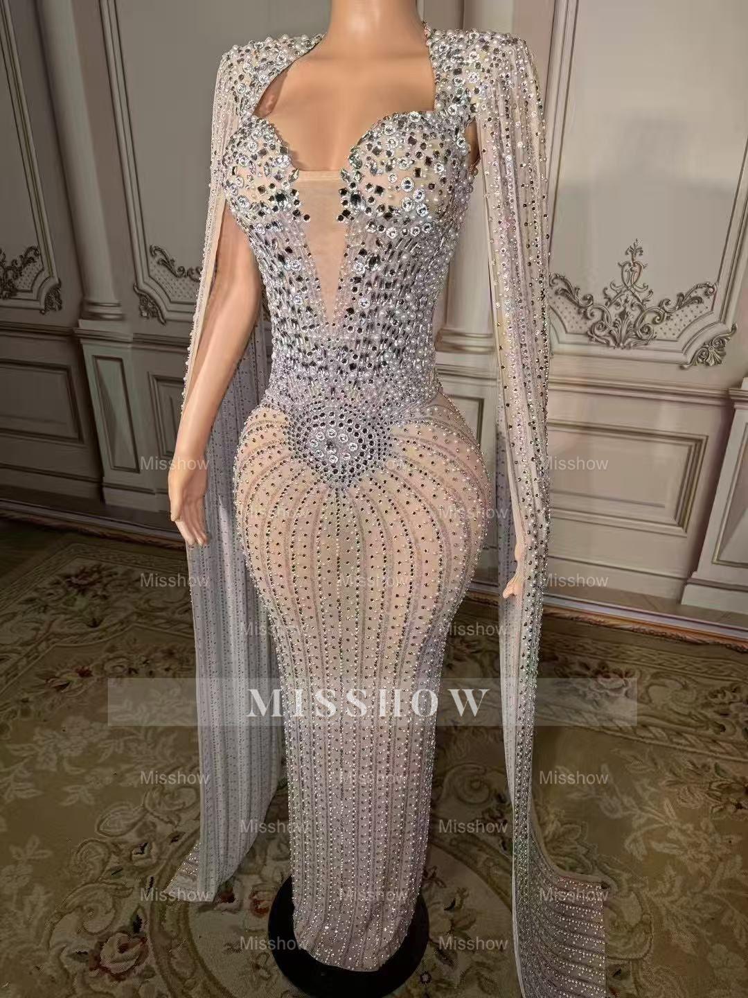 Elegant Silver V-Neck Column Beaded Cap Sleeveless Floor-Length Slit Tulle Prom Dresses With Pearls And Rhinestones