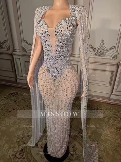 Elegant Silver V-Neck Column Beaded Cap Sleeveless Floor-Length Slit Tulle Prom Dresses With Pearls And Rhinestones