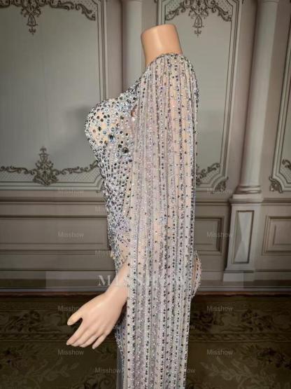 Elegant Silver V-Neck Column Beaded Cap Sleeveless Floor-Length Slit Tulle Prom Dresses With Pearls And Rhinestones