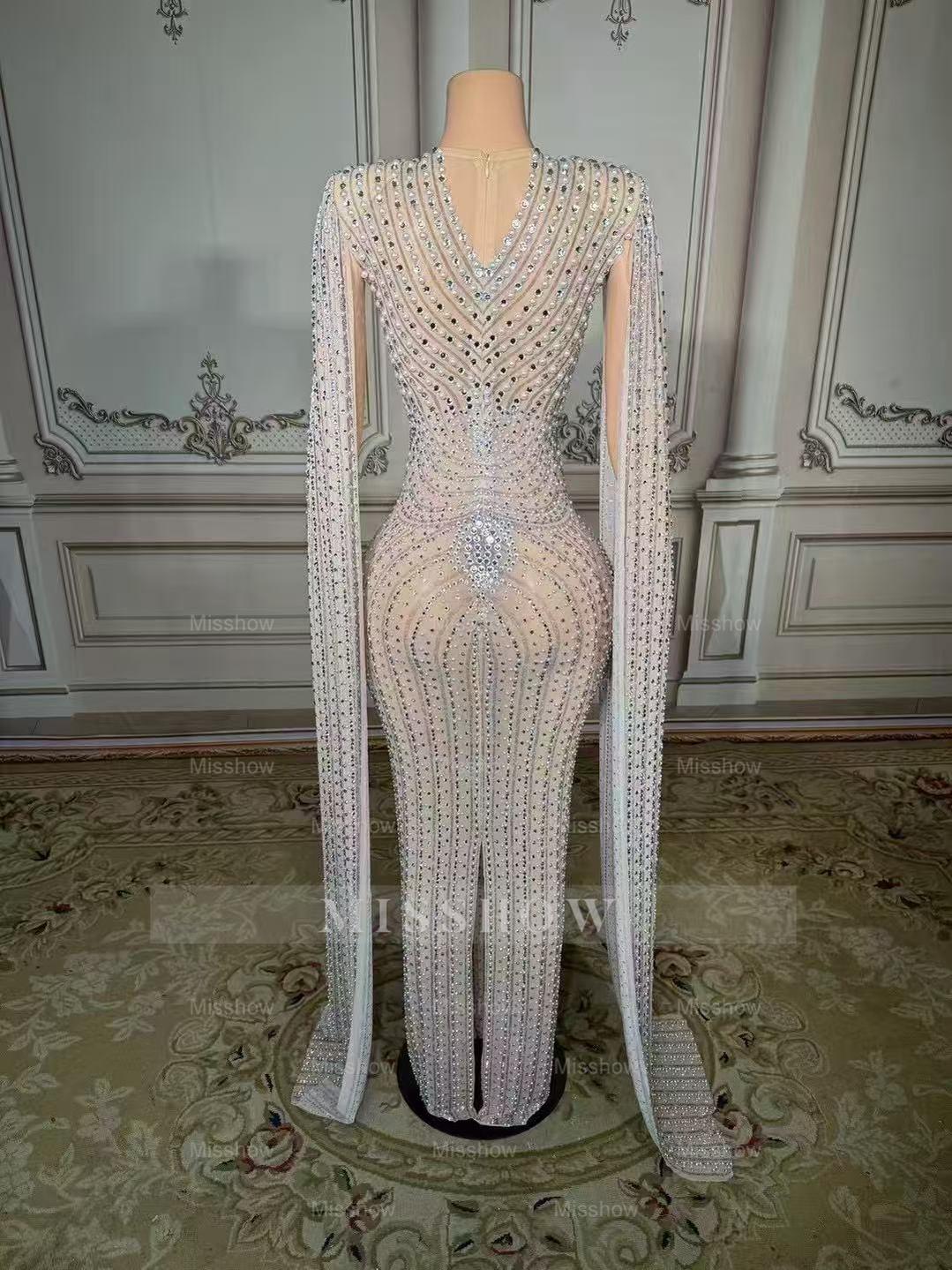 Elegant Silver V-Neck Column Beaded Cap Sleeveless Floor-Length Slit Tulle Prom Dresses With Pearls And Rhinestones