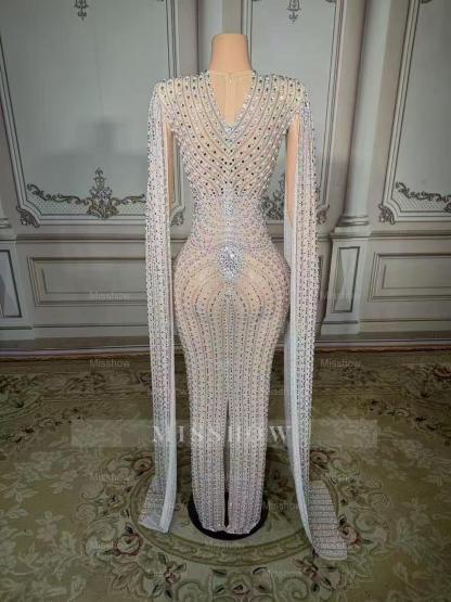 Elegant Silver V-Neck Column Beaded Cap Sleeveless Floor-Length Slit Tulle Prom Dresses With Pearls And Rhinestones