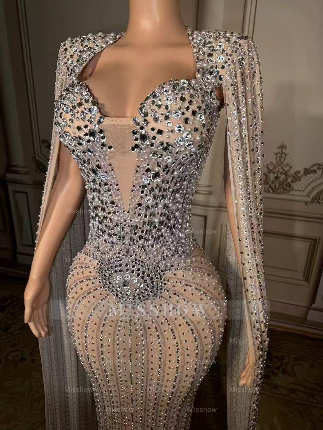 Elegant Silver V-Neck Column Beaded Cap Sleeveless Floor-Length Slit Tulle Prom Dresses With Pearls And Rhinestones