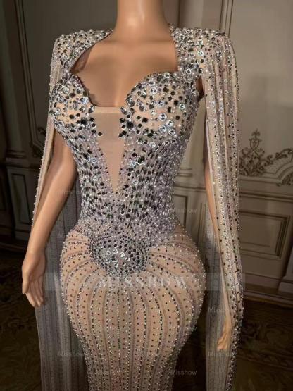 Elegant Silver V-Neck Column Beaded Cap Sleeveless Floor-Length Slit Tulle Prom Dresses With Pearls And Rhinestones