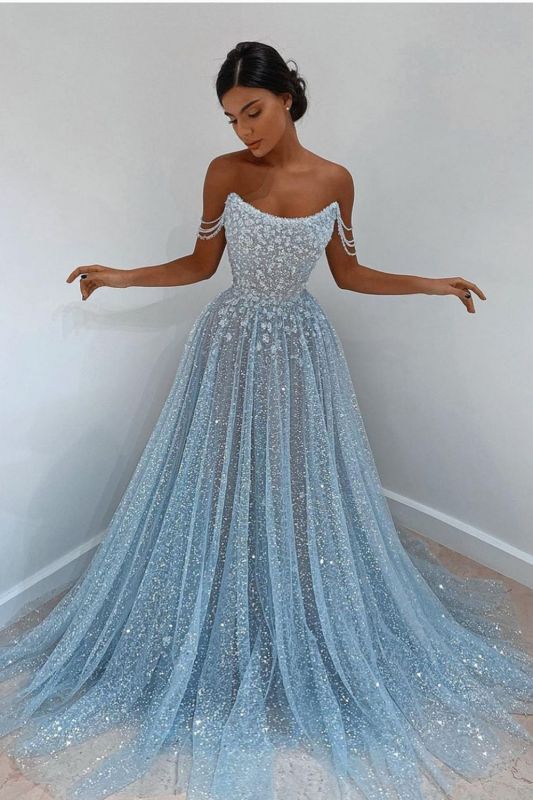 Elegant Sleeveless Blue Lace Prom Evening Dresses Long