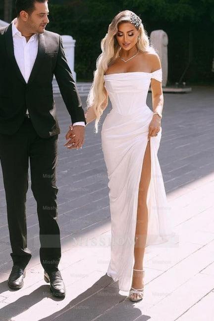 Elegant Split Front Off-The-Shoulder Stain Short Sleeves Floor-Length Wedding Dresses with Ruffles