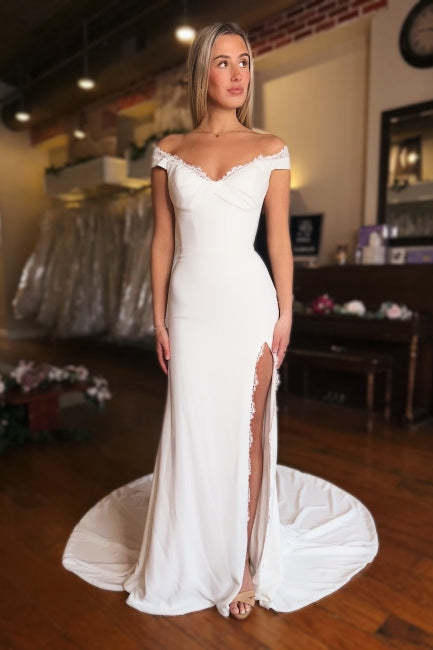 Elegant Strapless Mermaid Off-The-Shoulder Sleeveless Long Satin Split Front Prom Dresses With Lace