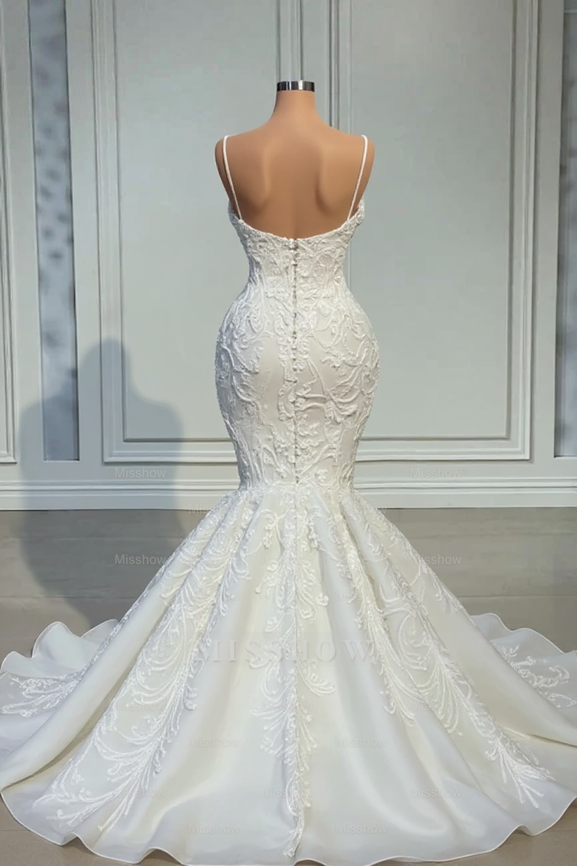 Elegant Strapless Sleeveless Mermaid Satin Floor-Length Wedding Dresses with Lace
