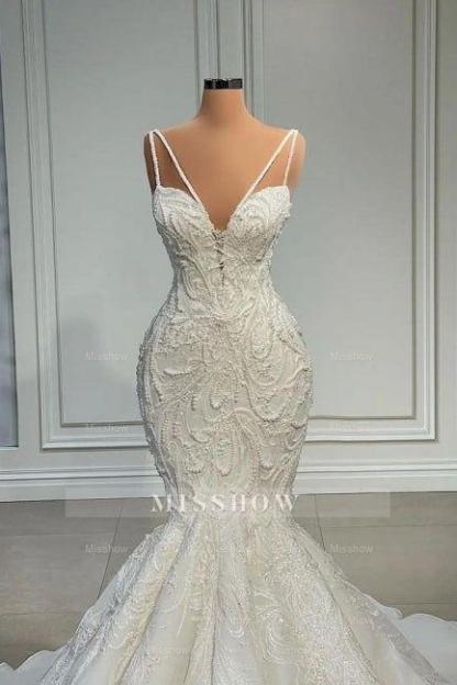 Elegant Strapless Sleeveless Mermaid Satin Floor-Length Wedding Dresses with Lace