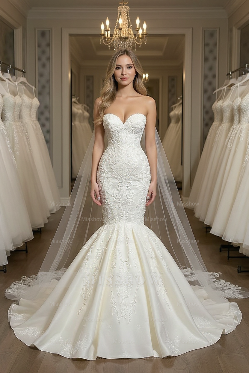 Elegant Strapless Sleeveless Mermaid Satin Floor-Length Wedding Dresses with Lace