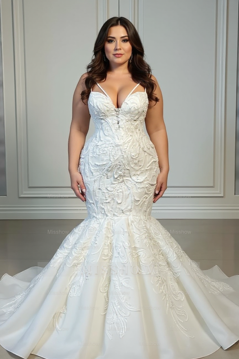 Elegant Strapless Sleeveless Mermaid Satin Floor-Length Wedding Dresses with Lace