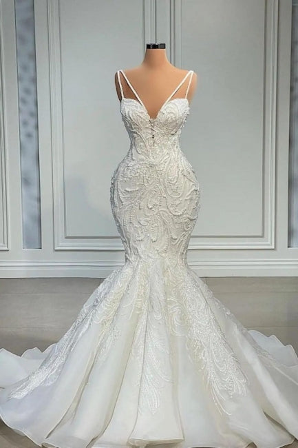 Elegant Strapless Sleeveless Mermaid Satin Floor-Length Wedding Dresses with Lace