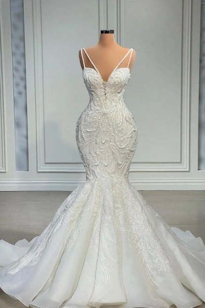 Elegant Strapless Sleeveless Mermaid Satin Floor-Length Wedding Dresses with Lace