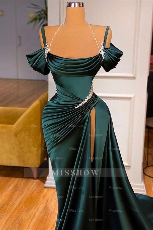 Elegant Stunning Off-the-Shoulder Mermaid Prom Evening Dresses Ruffles With Split
