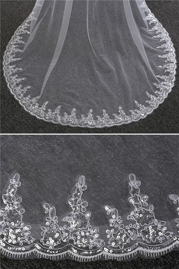 Elegant Tulle Lace Scalloped Edge 3*1.5M Wedding Veils with Appliques