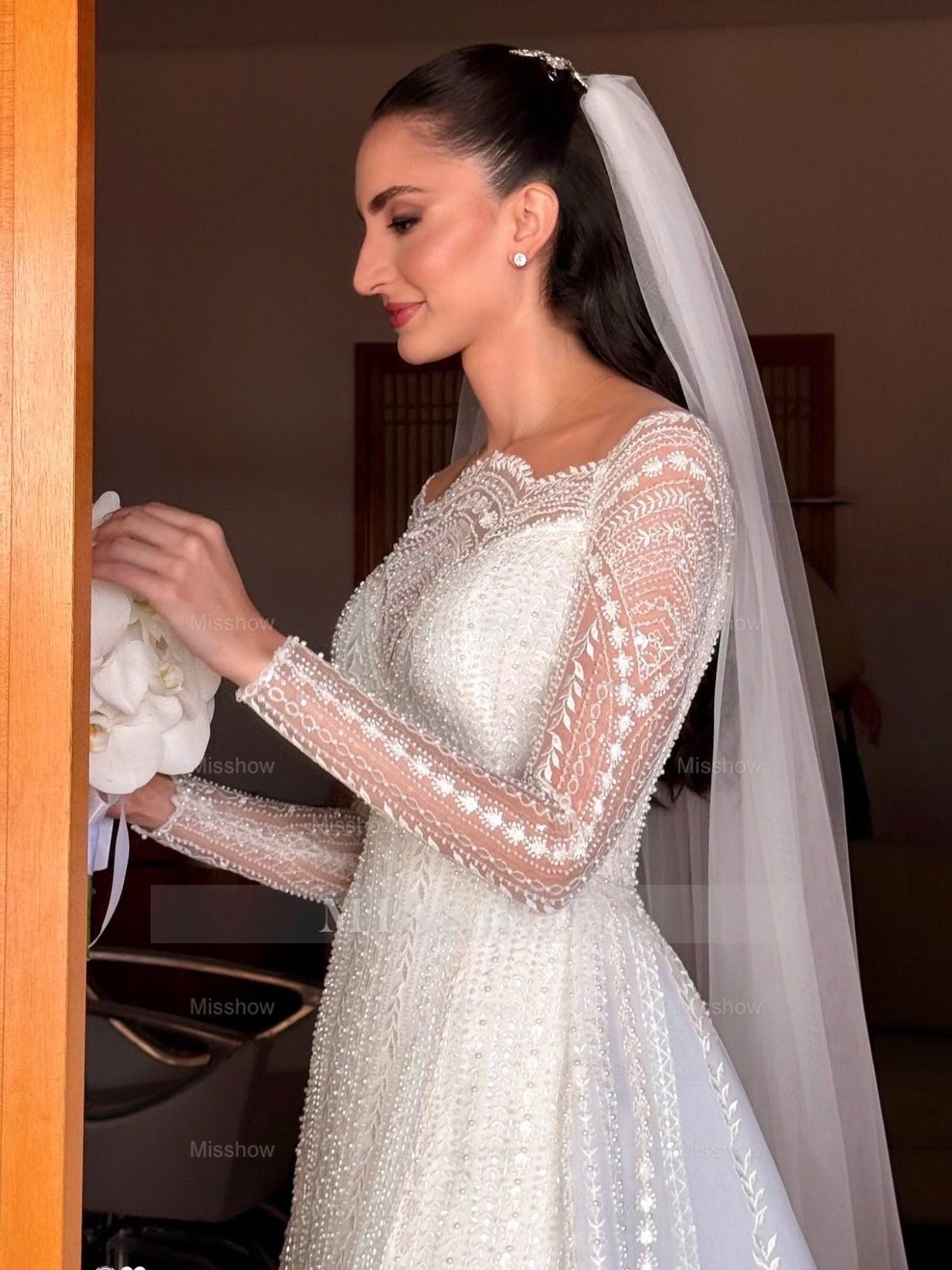 Elegant White A-Line Long Sleeves Beaded Lace Capel Train Long Wedding Dresses