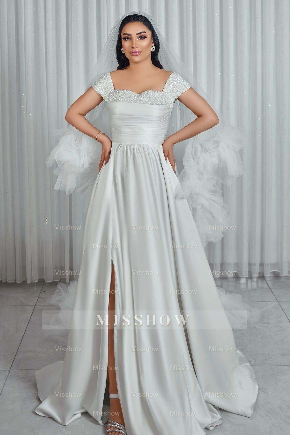 Elegant White A-Line Off-The-Shoulder Sleeveless Beaded Ruffle Long Satin Wedding Dresses With Slit