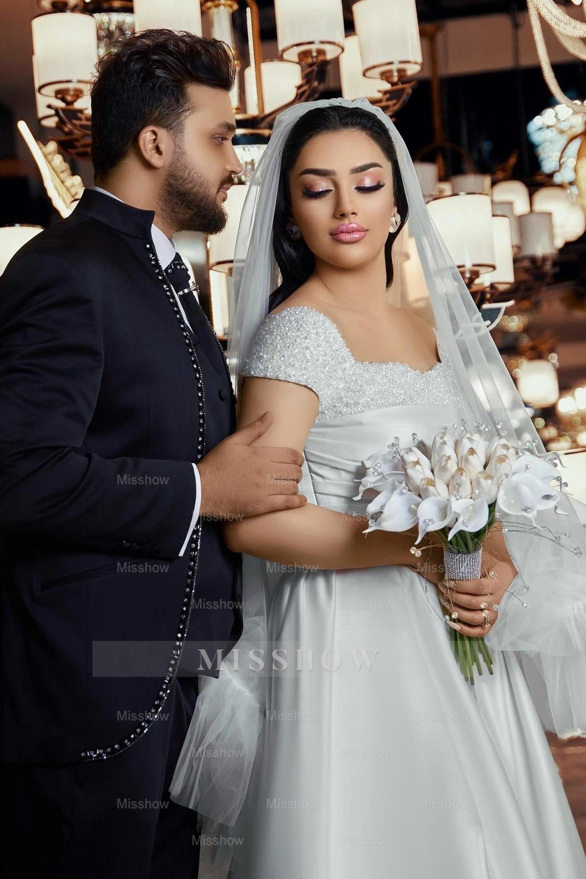 Elegant White A-Line Off-The-Shoulder Sleeveless Beaded Ruffle Long Satin Wedding Dresses With Slit