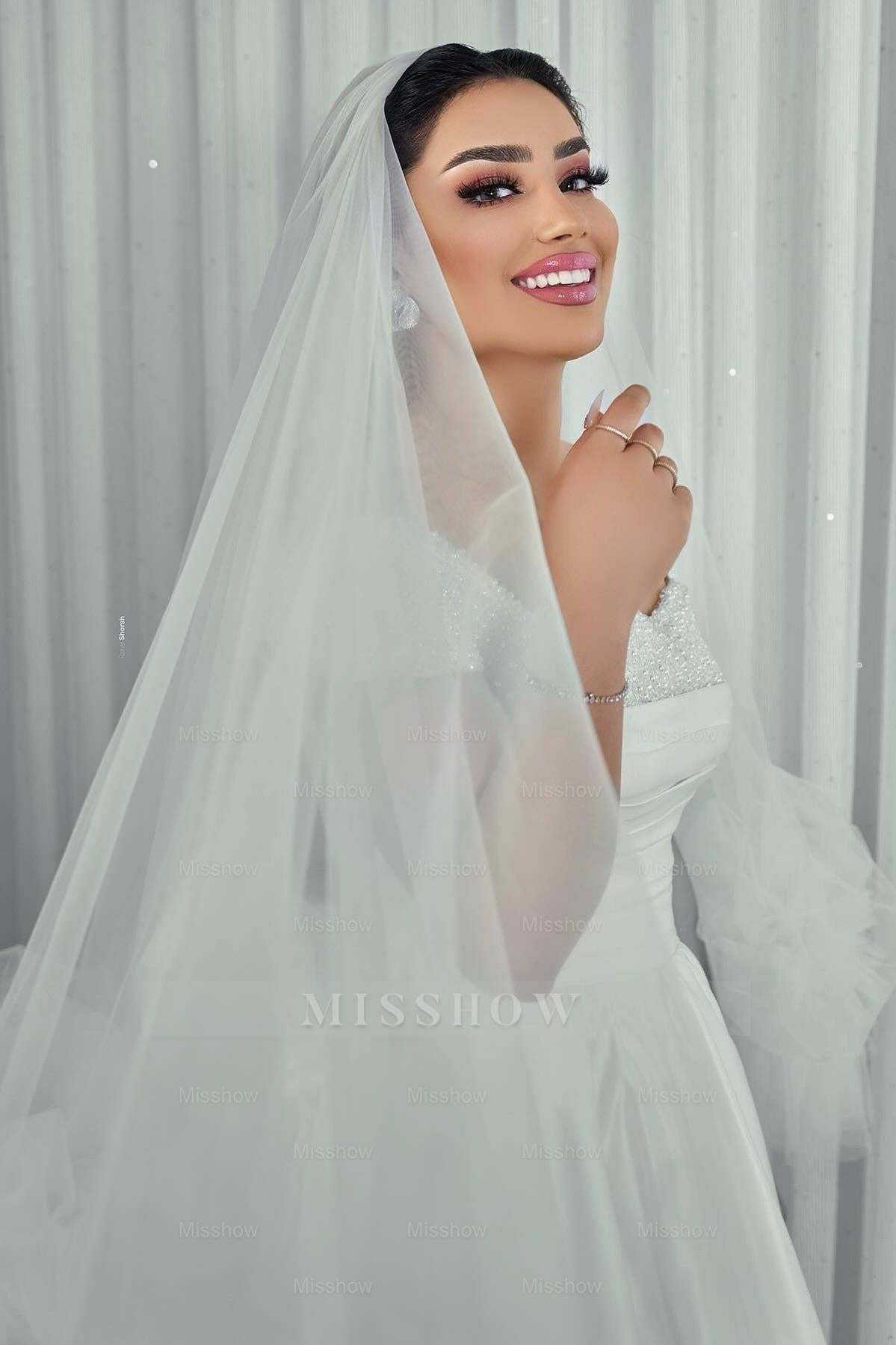 Elegant White A-Line Off-The-Shoulder Sleeveless Beaded Ruffle Long Satin Wedding Dresses With Slit
