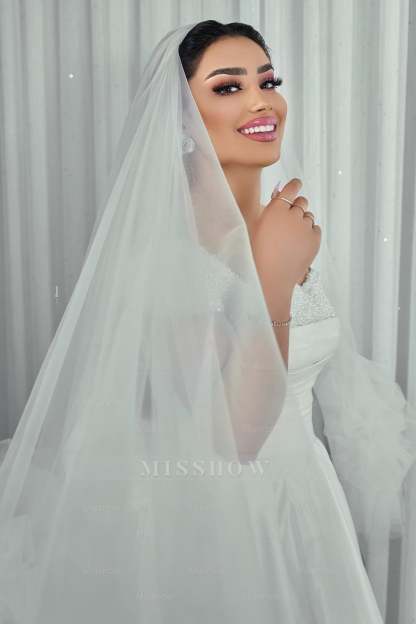 Elegant White A-Line Off-The-Shoulder Sleeveless Beaded Ruffle Long Satin Wedding Dresses With Slit