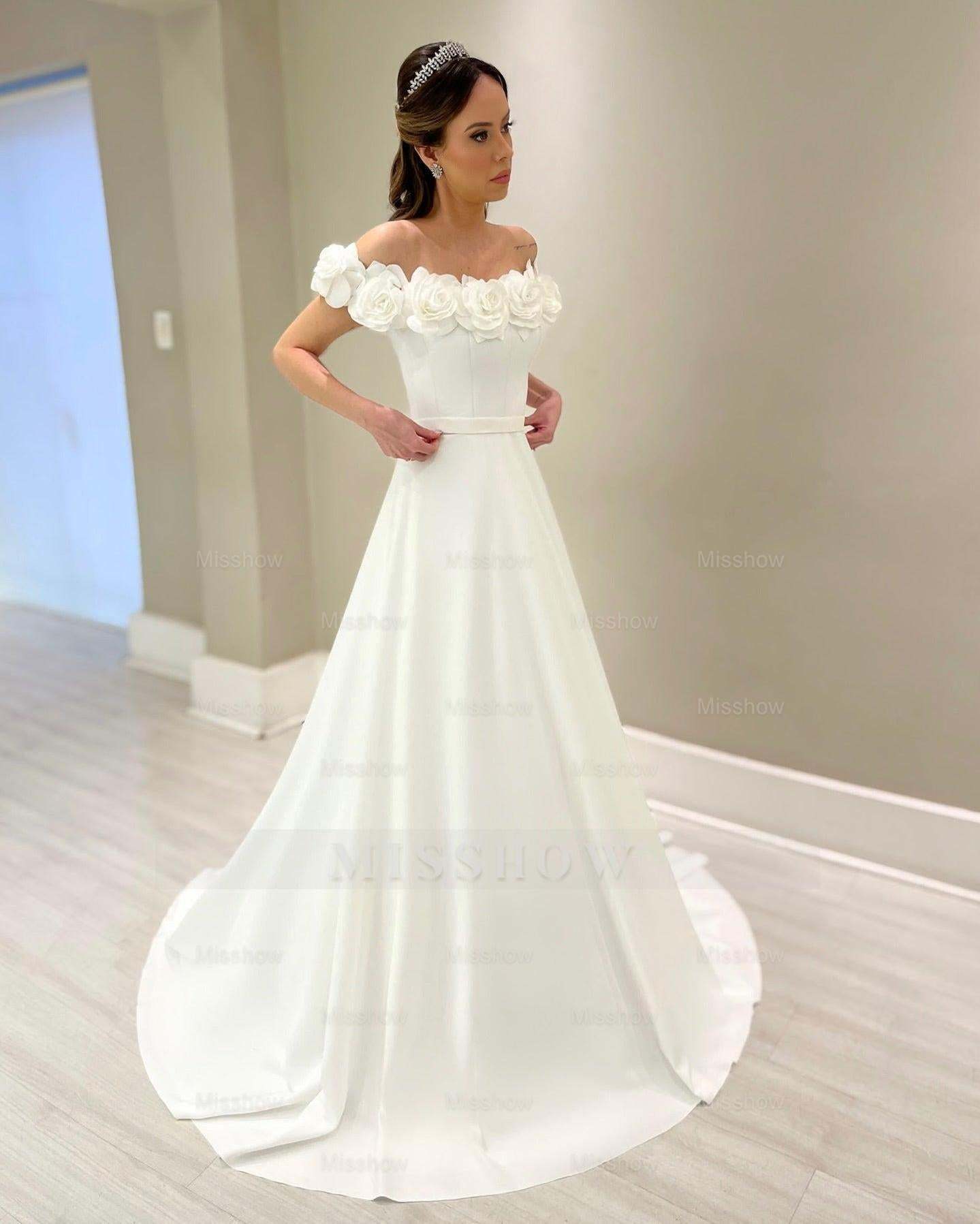 Elegant White A-Line Off-The-Shoulder Sleeveless Sweep Train Satin Wedding Dress With Handmade Flowers