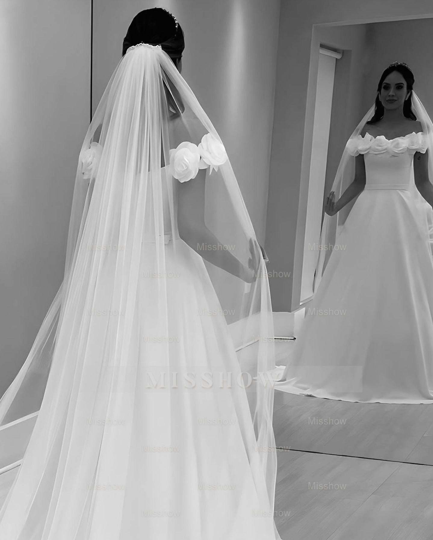 Elegant White A-Line Off-The-Shoulder Sleeveless Sweep Train Satin Wedding Dress With Handmade Flowers