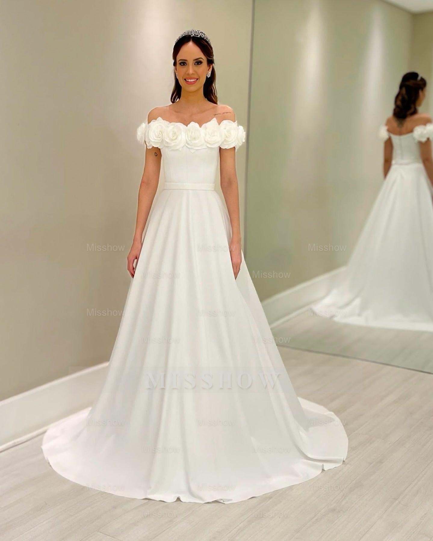 Elegant White A-Line Off-The-Shoulder Sleeveless Sweep Train Satin Wedding Dress With Handmade Flowers