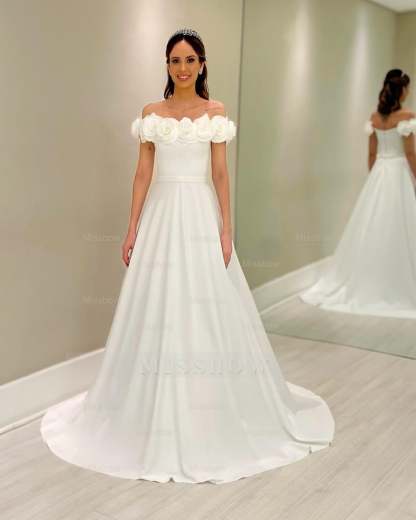 Elegant White A-Line Off-The-Shoulder Sleeveless Sweep Train Satin Wedding Dress With Handmade Flowers