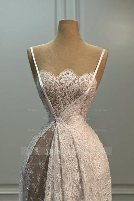 Elegant White A-Line Spaghetti Strap Sleeveless Sweep Train Lace Simple Wedding Dresses