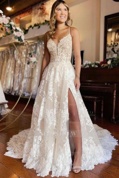 Elegant White A-Line Spaghetti Straps Lace Wedding Dress with Slit - Backless Tulle Bridal Gown