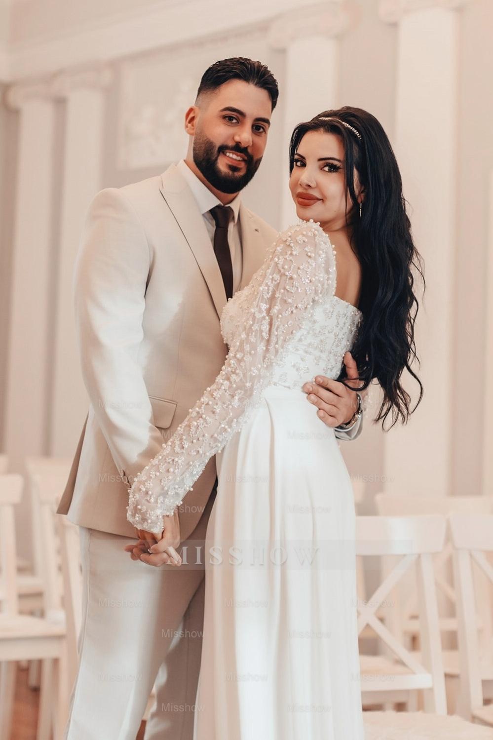 Elegant White A-Line Square Beaded Long Sleeves Ruffles Panel Train Satin Wedding Dresses