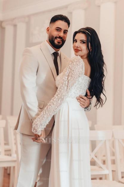 Elegant White A-Line Square Beaded Long Sleeves Ruffles Panel Train Satin Wedding Dresses