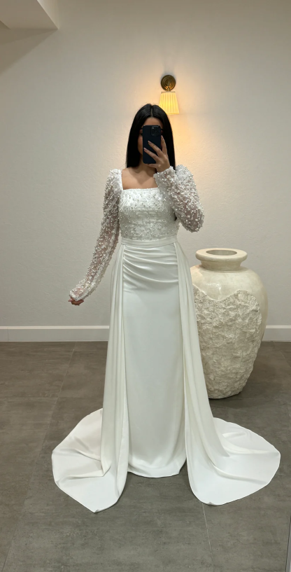 Elegant White A-Line Square Beaded Long Sleeves Ruffles Panel Train Satin Wedding Dresses