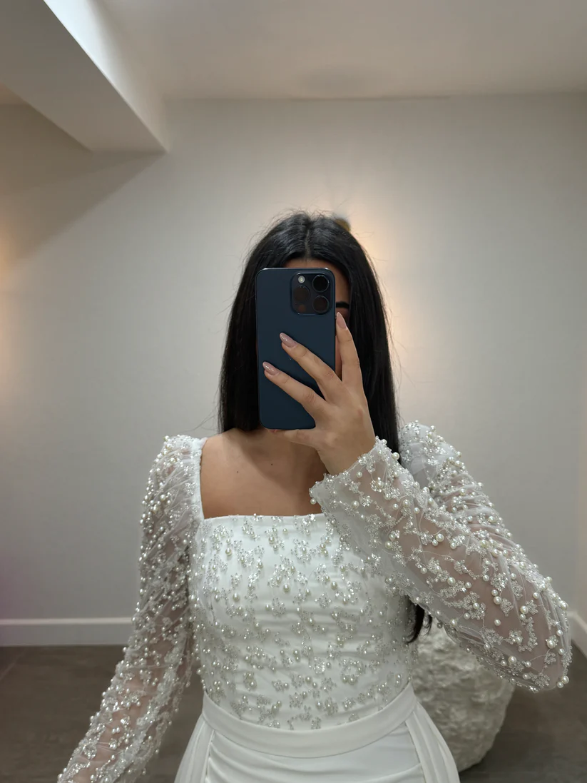 Elegant White A-Line Square Beaded Long Sleeves Ruffles Panel Train Satin Wedding Dresses