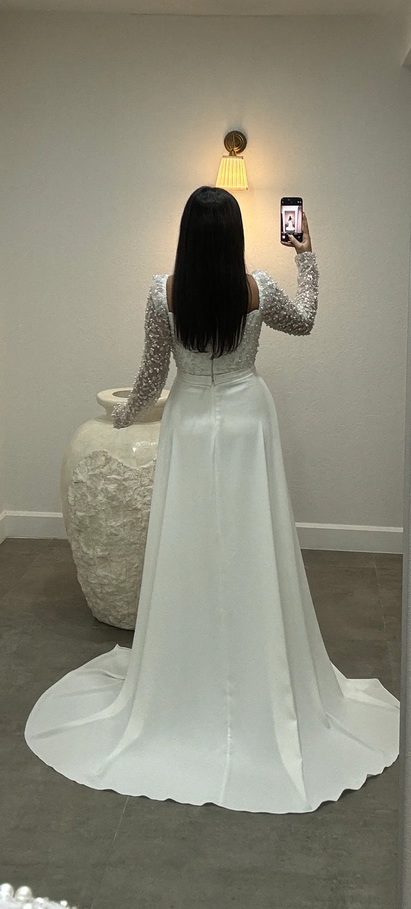 Elegant White A-Line Square Beaded Long Sleeves Ruffles Panel Train Satin Wedding Dresses