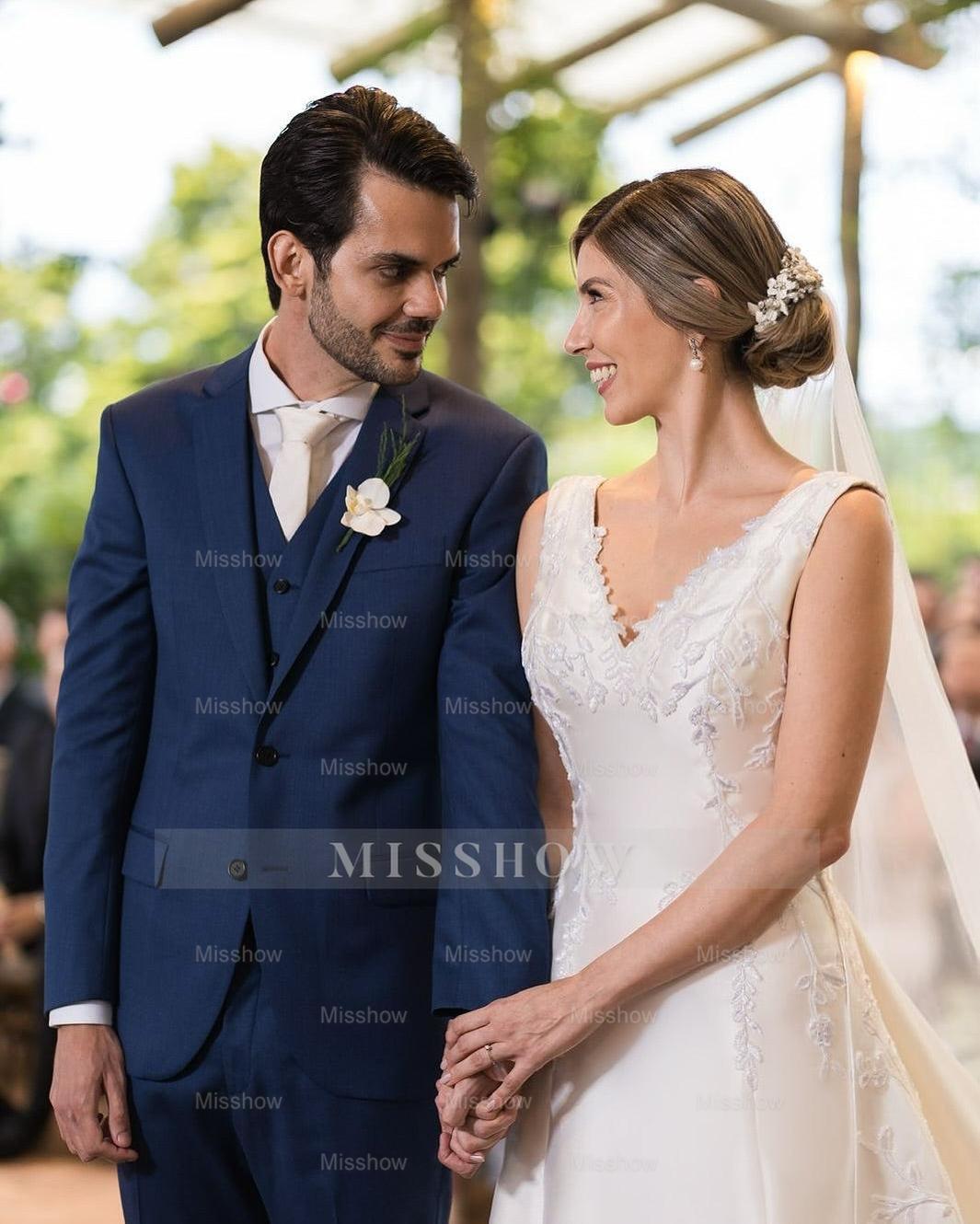 Elegant White A-Line V-Neck Sleeveless Cathedral Train Satin Wedding Dress With Appliques