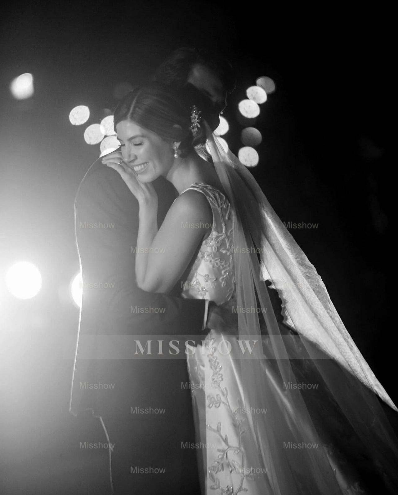 Elegant White A-Line V-Neck Sleeveless Cathedral Train Satin Wedding Dress With Appliques