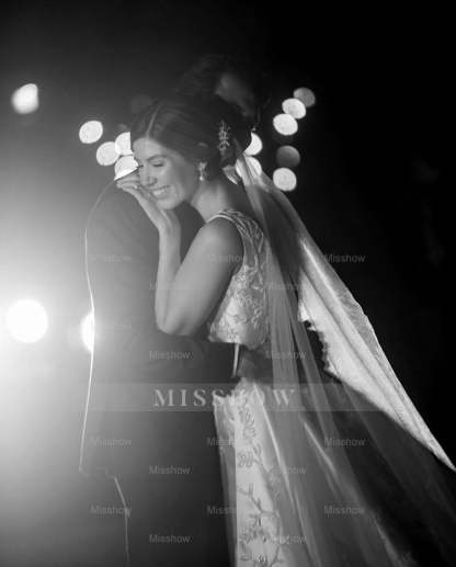 Elegant White A-Line V-Neck Sleeveless Cathedral Train Satin Wedding Dress With Appliques