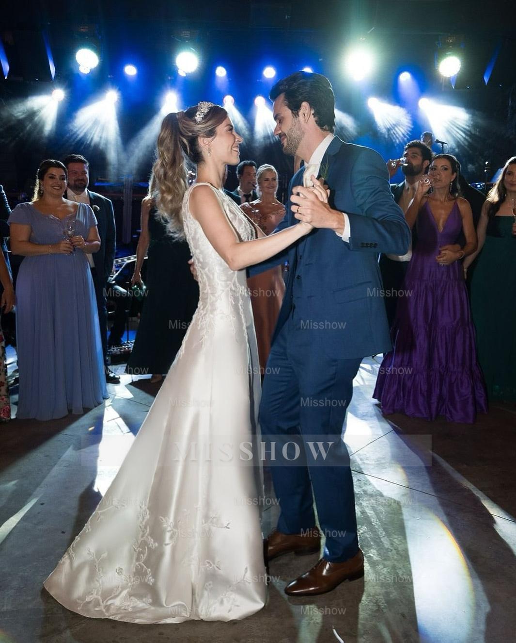 Elegant White A-Line V-Neck Sleeveless Cathedral Train Satin Wedding Dress With Appliques