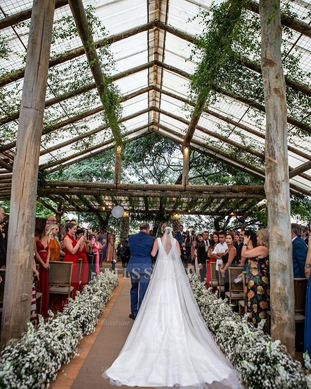 Elegant White A-Line V-Neck Sleeveless Cathedral Train Satin Wedding Dress With Appliques