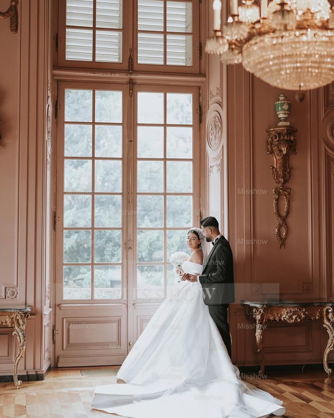 Elegant White Ball Gown Strapless Off-The-Shoulder Sleeveless Beaded Cathedral Train Satin Wedding Dress With Peals