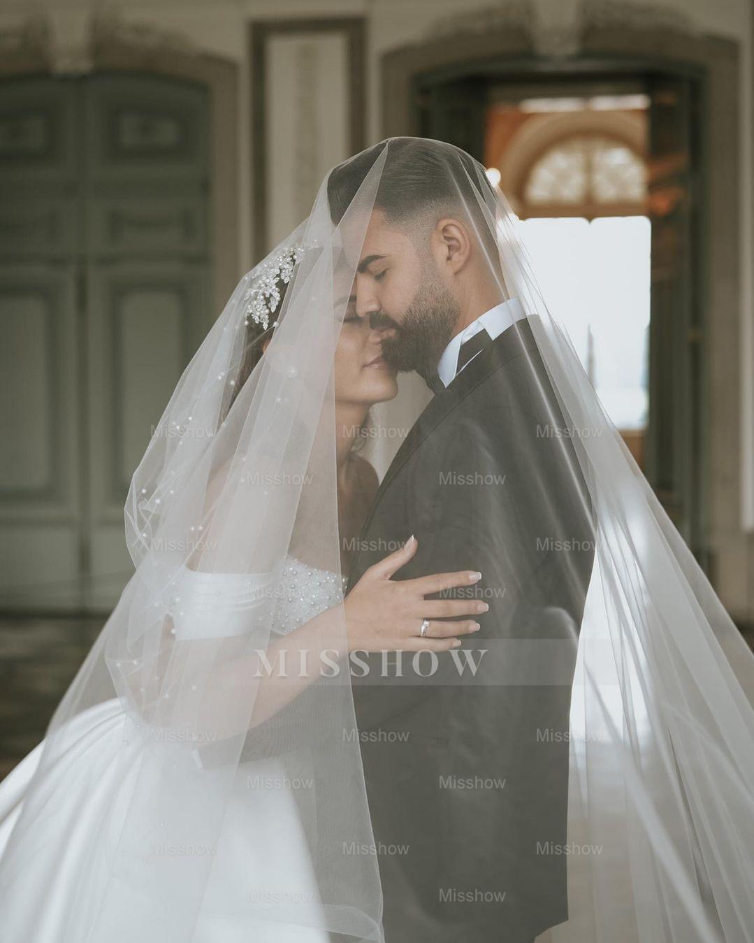 Elegant White Ball Gown Strapless Off-The-Shoulder Sleeveless Beaded Cathedral Train Satin Wedding Dress With Peals